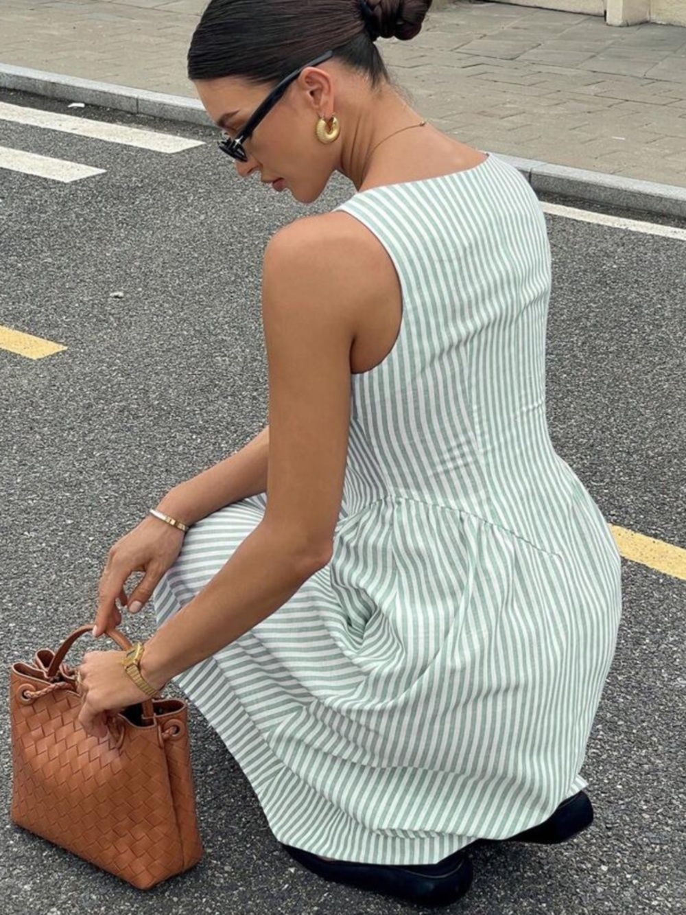 Striped midi dress light blue white boho preppy square neck v waist - Picture 6 of 6